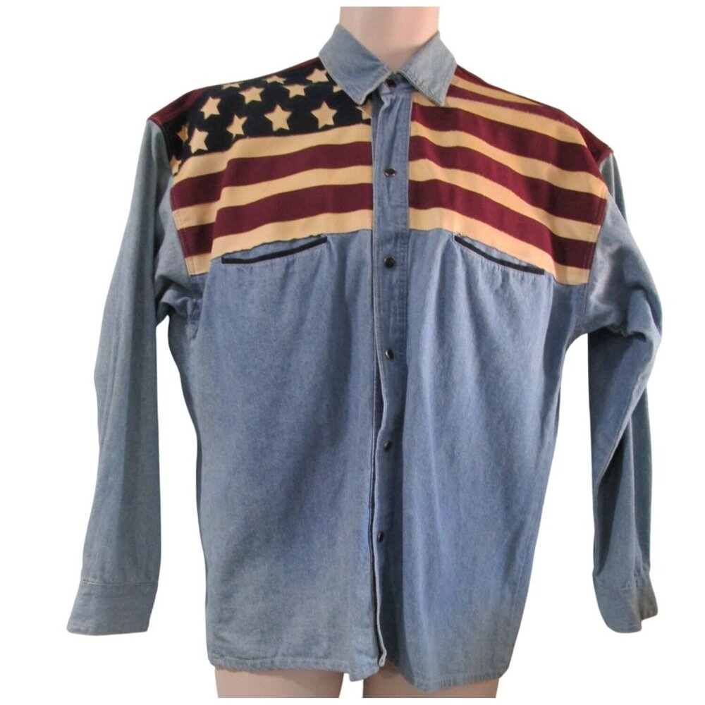 Vintage American Flag Denim Shirt Gold River Patriotic Western Sm Mens GUC